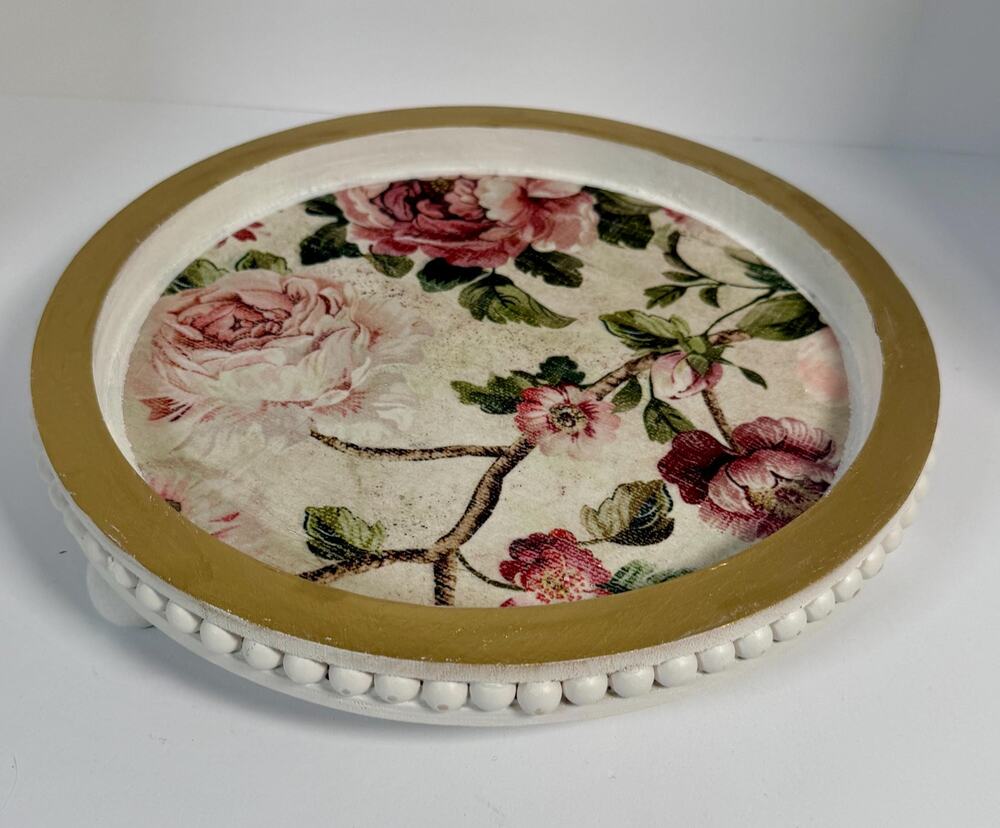 Handmade Floral Decoupage Wood Tray, Vanity, Gold Leaf Trim, Beaded Rim, 11.75"